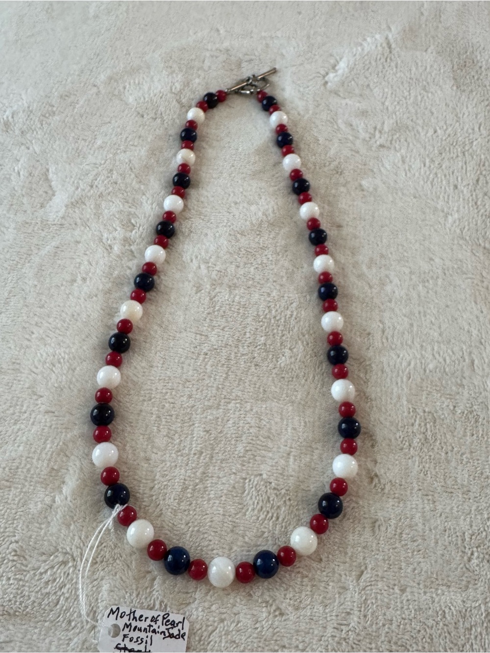 Mother of Pearl, Mountain Jade and Red Fossil Beaded Necklace - 20.5”